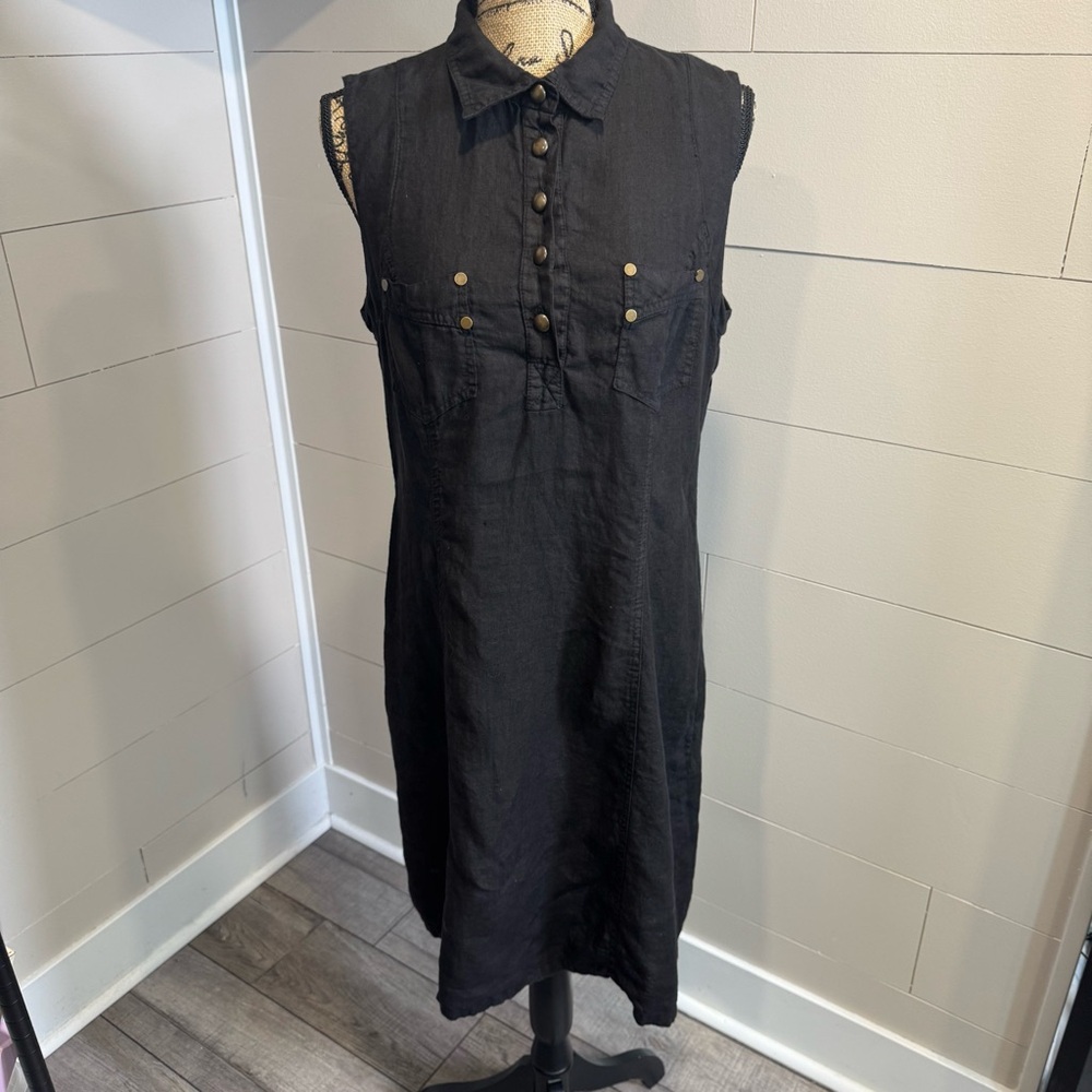Effect Linen Sleeveless Black Button-Up Dress - Italian Size 46 - US Size 10